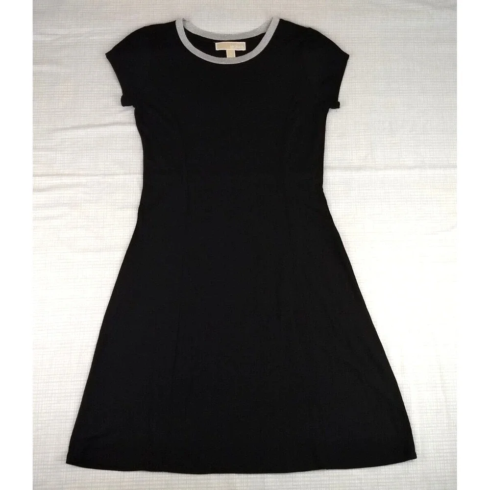 Michael Kors Jersey Knit Dress Womens S Black Silver‎ Metallic Neck Casual LBD